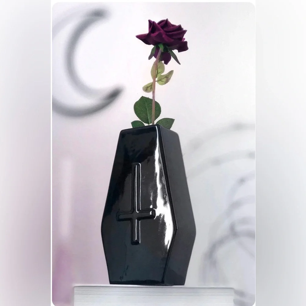 New Killstar Haunted Homeware Black Coffin Shape Vase Ceramic Glossy Cross Large